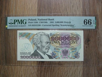 BANKNOT RP 2 MILIONY ZŁOTYCH 1992 ROK SERIA B GRADING PMG 66 EPQ UNC