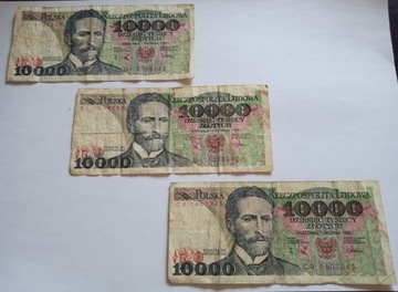 3 Banknoty PRL 10000 zł 1988r. CR BL DF