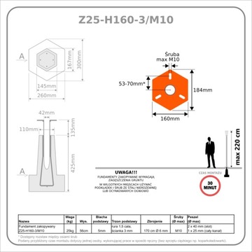 Fundament zakopywany Footing 25kg  Z25/H160/3/M10