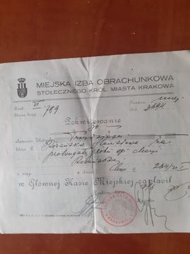 Miejska Izba Obrachunkowa kwit Kraków 1931