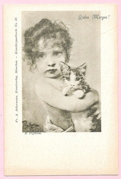 Dziewczynka i kot na starej pocztówce ...