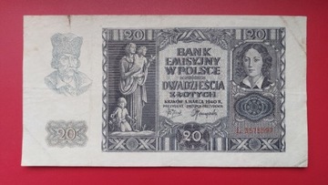 Banknot 20 zł 1940 r. Seria L