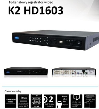 Rejestrator K2 DVR AHD,CVI,TVI,CVBS,IP 16kanałowy 