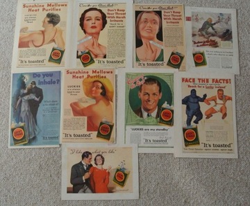 9 reklam prasowych VINTAGE LUCKY STRIKE z 1930-33