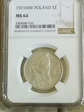 Moneta obiegowa prl 5 zł z rybakiem 1971r MS64