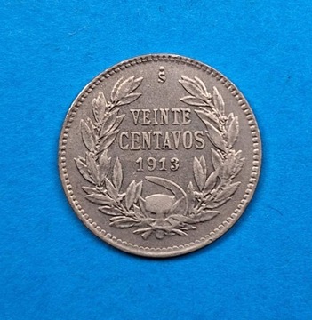 Chile 20 centavo 1913, bdb stan, srebro 0,400