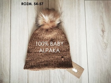 Czapka z wełny alpaki z pomponem 100% BABY ALPACA 