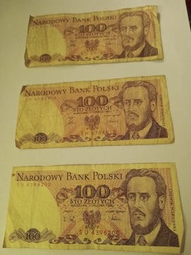 Banknoty PRL 3 x 100 zł SD SH 1986 SU 1988 r.