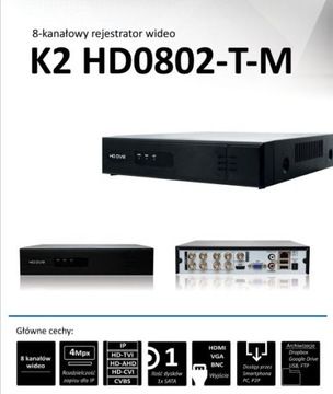 Rejestrator K2 DVR AHD,CVI,TVI,CVBS,IP 8 kanałowy 
