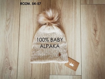 Czapka z wełny alpaki z pomponem 100% BABY ALPACA 