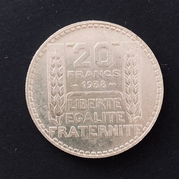 FRANCJA, 20 franków, rok 1938, Ag 0,680 