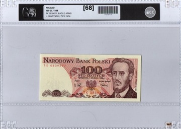 Banknot 100 zł z 1988r. seria TK, stan 1 UNC w gradingu 68