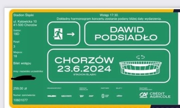 4 bilety na koncert Podsiadło w Chorzowie 23.06.2024 sektor 18 D, rząd 3