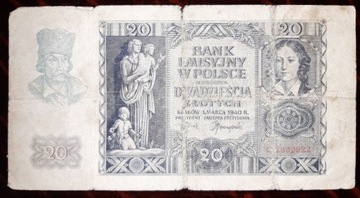 Banknot 20 zł. 1940 r. seria C