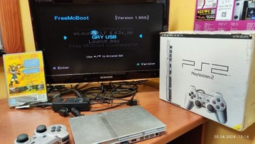 Ps2 silver srebrna +pad+8MB FMCB, 128gb BOX plomba