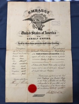 EMBASSY UNITED STATES PASZPORT 1901 GERMAN EMPIRE