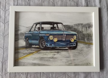 Obraz grafika 21x30cm ręcznie malowany BMW E10