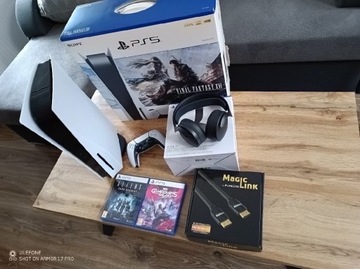 PlayStation 5, słuchawki, dwie gry,HDMI Magic Link