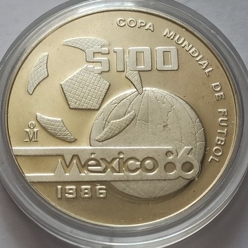 Meksyk 100 pesos 1986, piłka nożna, mundial, Ag