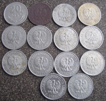 Zestaw 20 groszówek PRL1949-89  13 monet obiegowe