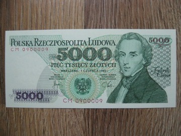 BANKNOT PRL 5000 ZŁOTYCH 1982 ROK SERIA CM 0900009 F. CHOPIN UNC