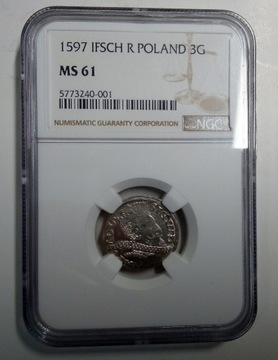 TROJAK 1597 NGC MS61 inicjały Jahnsa przy hakach