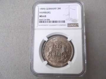 Niemcy 3 marki 1909J  Hamburg  NGC MS63