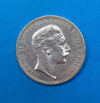 Niemcy, Prusy 3 marki 1909, Wilhelm II, Ag 0,900