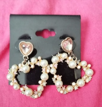Kolczyki rozowe serca perła sztuczna biżuteria 