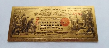 Banknot pozłacany 24k  5 dolarów USA 1870 rok