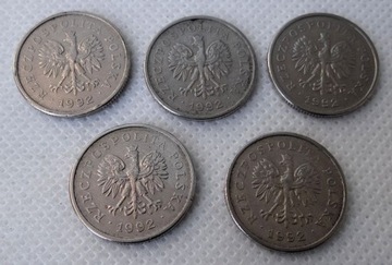 Pięć sztuk moneta 1zł 1992 obiegowa