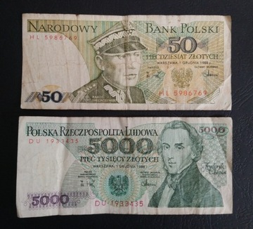 Stary banknot Polska 5000 zł / 50 zł 1988 rok zestaw banknotów 