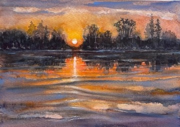 Jasny zachód słońca, akwarela A4,ręcznie malowana