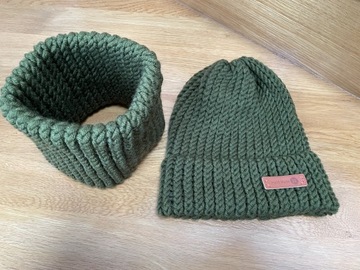 Komplet zielona czapka i komin z Merino handmade