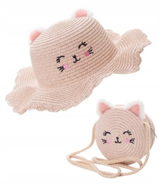 Uroczy komplet kapelusz z twarzą kotka +torebka (Różowy)