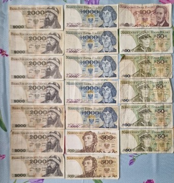 Banknoty 2000zł, 1000zł, 500zł 100zł, 50zł 