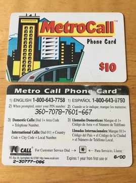 Karta telefoniczna USA MetroCall 10$ cienka papier