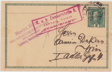 KARTA POCZTOWA- 1917 Lwów Wiedeń stemple cenzura