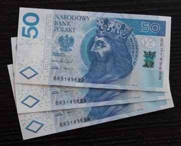 3 banknoty 50 zł seria BR UNC kolejne numery