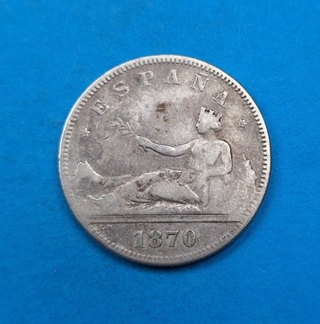 Hiszpania 2 pesety 1870, rząd tymczasowy, Ag 0,835