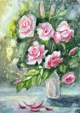 Różowe róże. Akwarela A4, ręcznie malowana