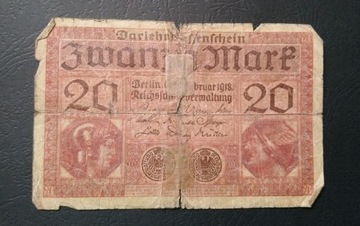 Stary banknot Niemcy 20 marek 1918 rok 