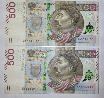 BANKNOT 500 ZŁ SERII AA, 4 SZTUKI, CIEKAWE NUMERY,