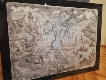 Mapa fantasy, grafika, ołówek,  70x50, antyrama