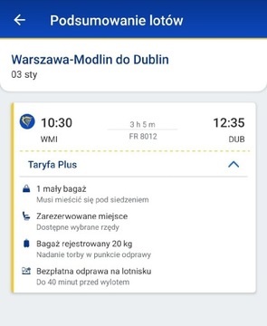 Bilet lotniczy Warszawa-Modlin Dublin (03.01.2023)