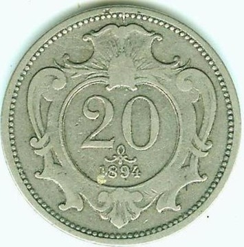 AUSTRIA 20 HELLER 1894 Ni - bardzo ładny stan