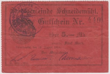 Schneidemühl (Piła), 5 Mk, 12.08.1914 (440)