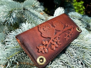 Brązowy skórzany portfel z nadrukiem sowy