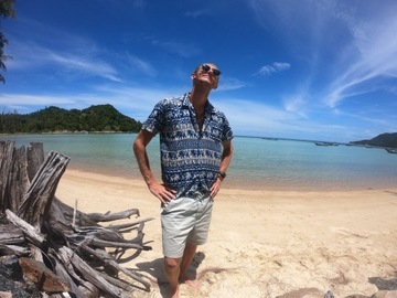 Koszula hawajka z Tajlandii, słonie, niebieska, XL