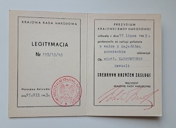 Legitymacja Srebrny Krzyż Zasługi 1945r rzadka 